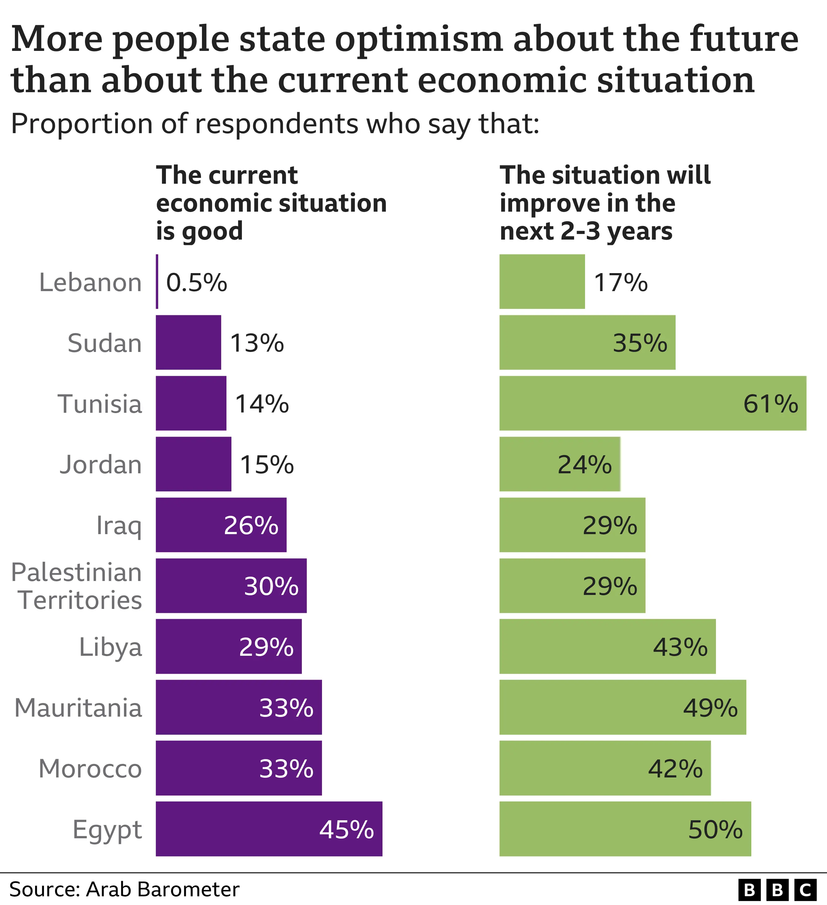 رسم بياني يقارن، حسب البلد، نسبة المشاركين الذين يعتقدون أن الاقتصاد في حالة جيدة الآن مع أولئك الذين يعتقدون أنه سيتحسن خلال 2-3 سنوات. وفي لبنان، وصف نصف بالمائة من جميع المشاركين الاقتصاد بأنه جيد، لكنهم يظهرون المزيد من التفاؤل بالمستقبل حيث يعتقد 17% أن الوضع سيتحسن. وفي مصر، التي لديها نظرة إيجابية للغاية للاقتصاد الحالي، يعتقد 45% من المشاركين أن الوضع جيد حاليًا ويعتقد 50% أنه سيتحسن. لدى تونس نظرة قاتمة للاقتصاد الحالي (14% فقط يعتقدون أنه جيد) ولكن لديهم آمال كبيرة جدًا للمستقبل - حوالي 61% يوافقون على ذلك.
