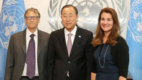 Getty Images Bill and Melinda Gates with then-UN Secretary General Ban Ki-moon at the United Nations in 2015