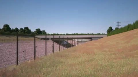 HS2 CGI showing Turweston green bridge from the side