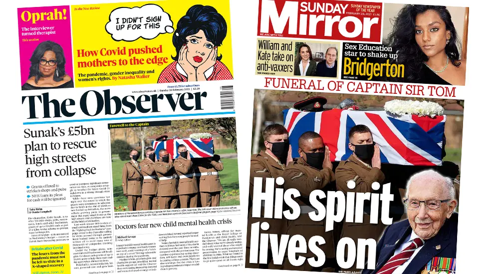 The Observer and the Sunday Mirror front pages 28 February 2021