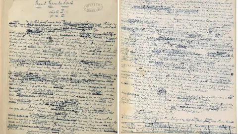 Wisbech and Fenland Museum Two pages of the original manuscript in illegible handwriting. Great Expectations and Chapter 1 can be made out at the top of one page, stamped with Wisbech Museum