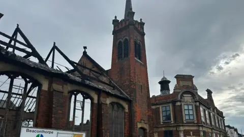 The burnt-out church in Grimsby Road, Cleethorpes