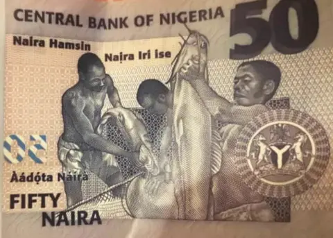 Mannir Dan Ali A 50 naira note with Roman script in English, Igbo, Hausa and Yoruba