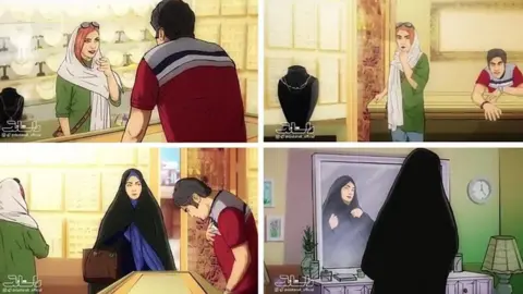 Basij Cyberspace Organisation Storyboard featuring a woman in a loose headscarf, a male shopkeeper, and a woman in a chador