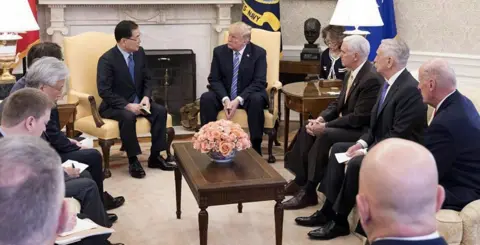 Reuters South Korea's security chief Chung Eui-yong briefs Donald Trump in the Oval Office (9 March 2018)