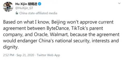 Twitter Tweet from Hu Xijin: Based on what I know, Beijing won't approve current agreement between ByteDance, TikTok's parent company, and Oracle, Walmart, because the agreement would endanger China's national security, interests and dignity.