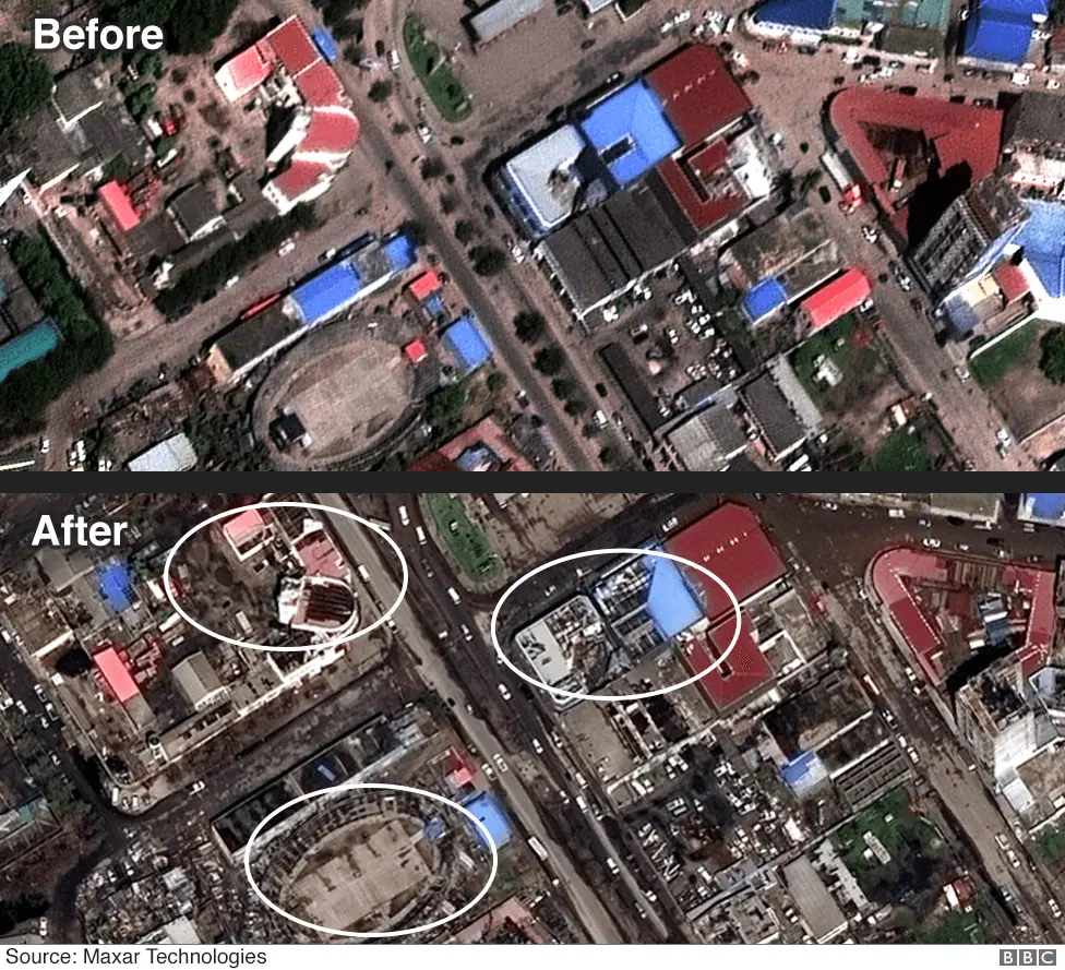 BBC Before and after images of downtown Beira showing many buildings have lost their roofs