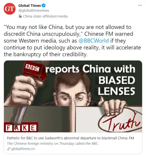 Twitter A tweet about the BBC posted by China's Global Times