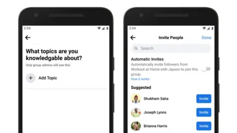 Facebook A phone app screenshot shows an interface asking: What topics are you knowledgeable about? and another screen showing an