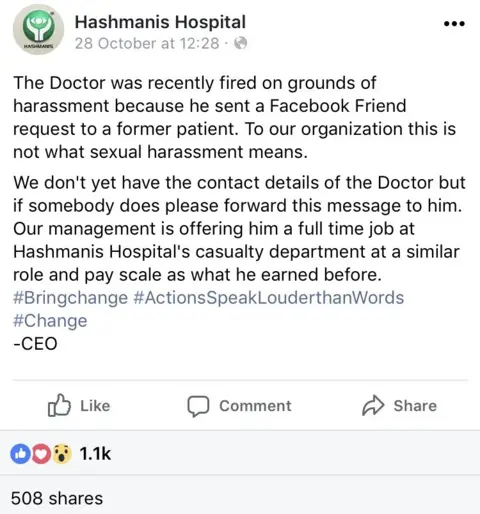 Hashmanis Hospital / Facebook Facebook post from Hashmanis hospital offering the doctor a job