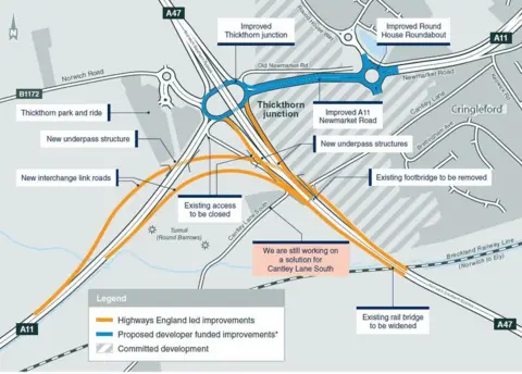 Ordnance Survey Map of improvement to A47/A11