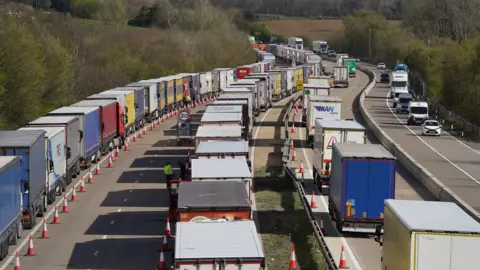 PA Media Lorries queuing in Kent in April 2022 because of delays at Dover