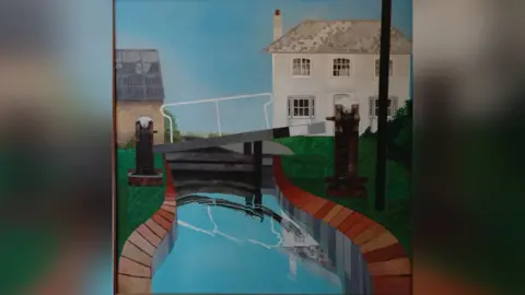 John McGowan Acrylic on canvas showing the Lockkeepers House the top lock near Gayton