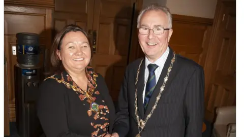 dcsdc The Mayor of Derry City and Strabane District Council, Cllr Michaela Boyle congratulating Richard Doherty, the new High Sheriff of Derry City, at his installation in the Mayor’s Parlour, Guildhall