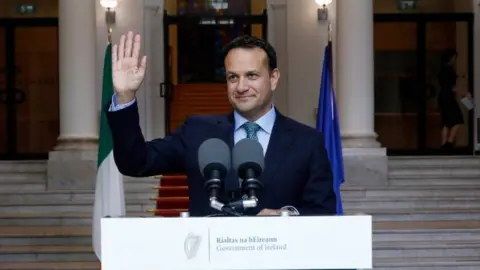 Leon Farrell/Photocall Ireland/PA Wire Handout photo of Taoiseach Leo Varadkar on the steps of Government Buildings Dublin, addressing the public on the state of the coronavirus lockdown in Ireland on 1 May