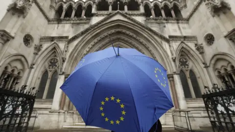 PA Media Person holding EU umbrella outside the High Court in London