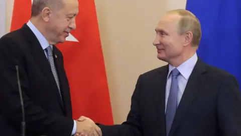 AFP Turkish President Recep Tayyip Erdogan shakes hands with Russian President Vladimir Putin in Sochi, Russia (22 October 2019)