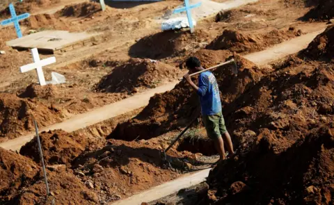Bruno Kelly / Reuters A worker prepares graves at the Sao Sebastiao cemetery in Altamira, Brazil