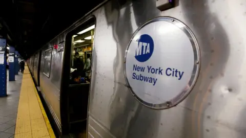 VIEW press via Getty Images A subway train on April 28, 2023 in New York City