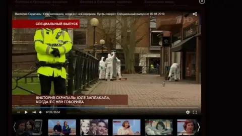 Screenshot from Russian TV of a policeman standing near the scene of the Salisbury chemical attack