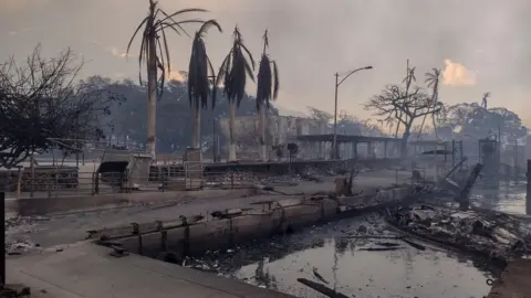 Reuters A charred boat lies in the scorched waterfront after wildfires fanned by the winds of a distant hurricane devastated Maui's city of Lahaina, Hawaii, U.S. August 9, 2023. Mason Jarvi/Handout