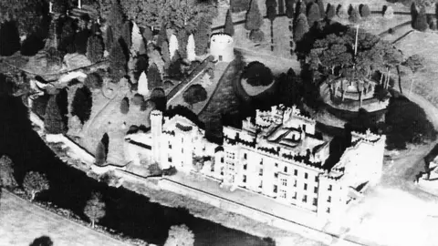 Antrim and Newtownabbey Borough Council Black and white aerial photo of Antrim Castle