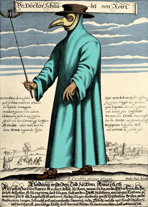 Science History Images / Alamy Stock Photo Paulus Furst's 1656 engraving of Dr. Schnabel ("Beak") of Rome wearing protective clothing typical of the plague doctors of Rome at the time.