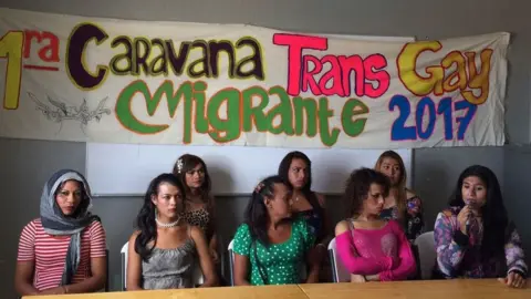 Uno de Siete Migrando The trans caravan holding a press conference in Mexico