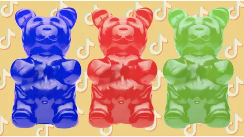 Getty Images Gummy bears against TikTok logos