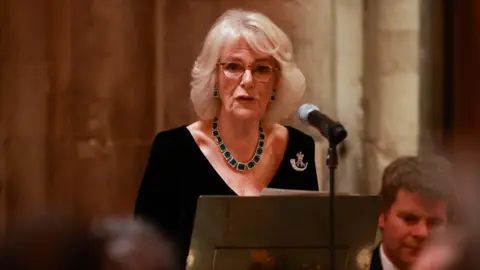 Getty Images Camilla, Duchess of Cornwall, delivers a speech during the biennial Rifles Awards Dinner at the City of London Guildhall on November 24, 2021 in London, England.
