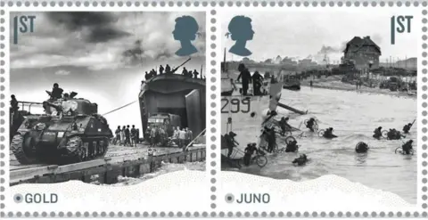 PA Stamp collections for D-Day Landings anniversary showing troops on Gold and Juno beaches