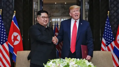 Handout Kim Jong-un and Donald Trump shakes hands in Singapore