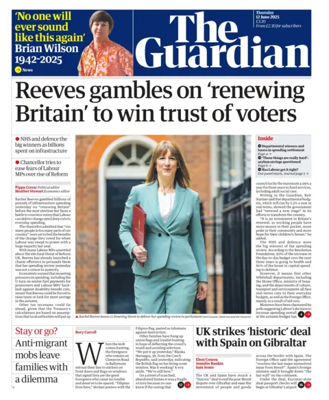 The headline on the front page of The Guardian reads: "Reeves gambles on 'renewing Britain' to win trust of voters".