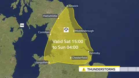 Graphic showing Met Office weather warning for thunderstorms in northern England, the Midlands and north Wales