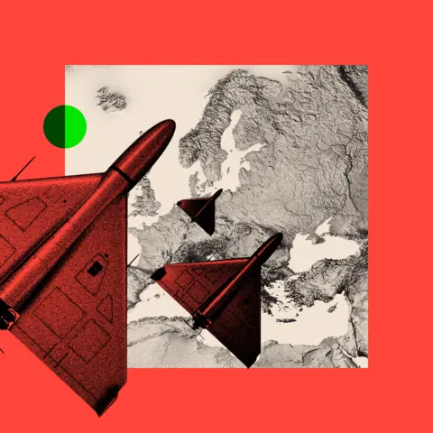 BBC A treated image showing drones with a partial map below