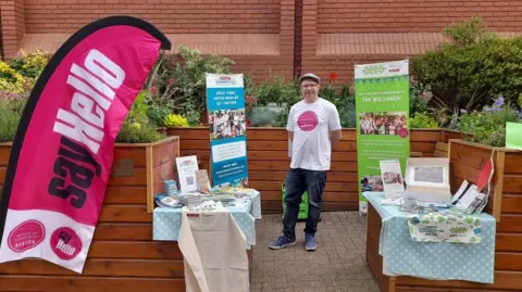 Halesowen BID Man with wooden benches and flowers