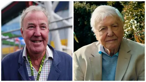 PA/ BBC/Passion Pictures/Alex Board Two pictures side-by-side of Jeremy Clarkson and David Attenborough. Jeremy Clarkson is wearing a navy jacket over a white shirt patterned with red and blue stripes. David Attenborough is wearing a beige jacket over a light blue jumper