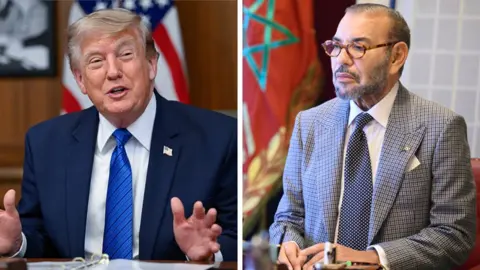 A split image showing Trump ( left) and King Mohammed VI photographed in 2023 wearing a suit and tie and sitting at a desk photographed in 2023