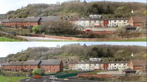 A composite image showing two views of the road by Skinningrove Beck, between New Company Row and Zetland Row. The image at the top shows the area as it is now, with vegetation overgrowing from the beck and rows of houses nearby. The bottom is a CGI image of the area and shows what a new bridge over the beck would look like.