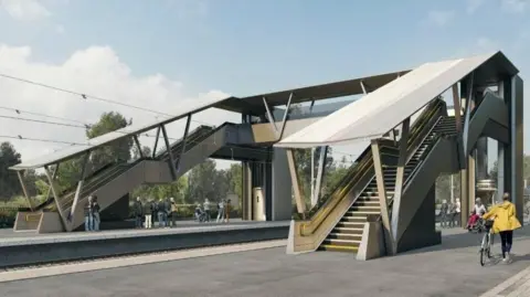 Greater Anglia Artist impression of new stainless steel footbridge. It has lifts and steps to cross a railway platform. A person walks on a platform pushing a bike.