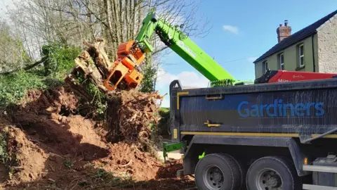 John Morgan The remnants of the tree root and the ground it was in are tackled by the excavator with a lorry parked nearby to take any debris. A lot of embankment soil can be seen after the felling.
