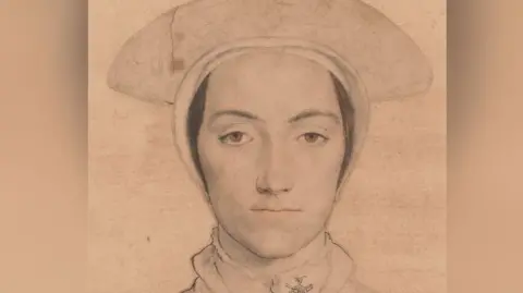 The image is a finely rendered pencil or chalk portrait of a person wearing a large, rounded hat and a high-collared garment—both typical of Renaissance or Tudor-era fashion. The artist’s technique emphasizes delicate shading and precise line work, especially around the eyes and facial contours, giving the subject a calm, dignified expression