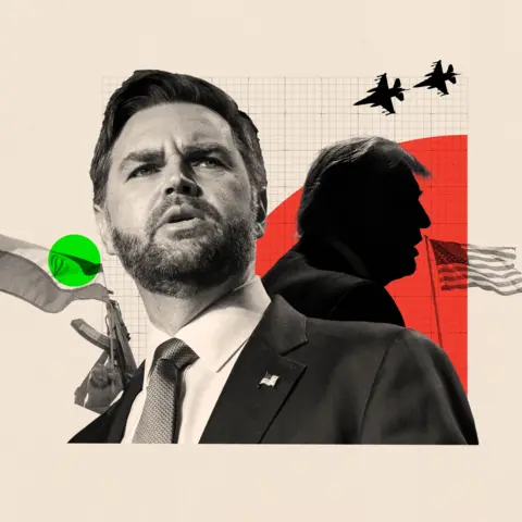 BBC A treated image of JD Vance showing fighter jets in the sky, an Iranian flag, and a silhouette of Donald Trump on the right