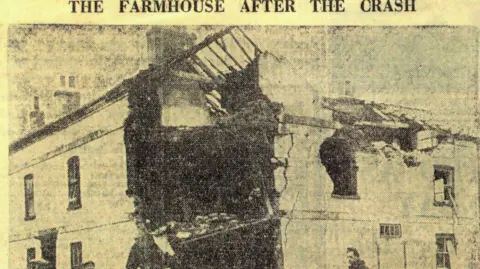 Yorkshire Air Museum A yellow newspaper clipping of a picture showing a ruined house