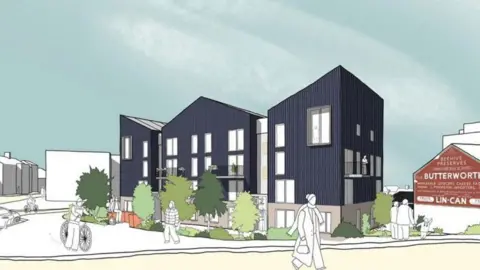 A computer generated image showing three dark-coloured buildings surrounded by greenery. White figures can be seen milling about or walking past.