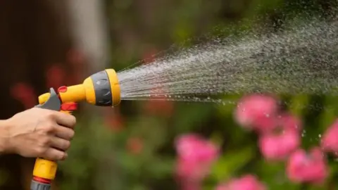 A hand holding a hosepipe with a spray attachment, with a blurred image of a garden with flowers behind. 