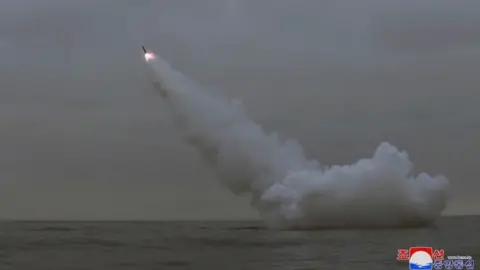 KCNA A missile heads towards the sky after being fired from under water