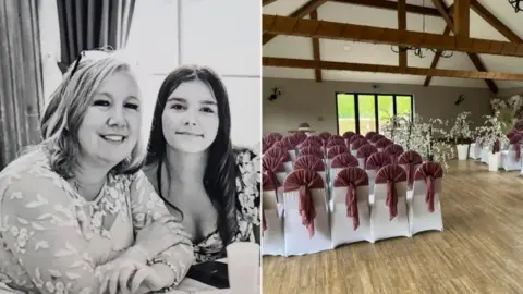 Nikki Norman Black and white photo of Nikki Norman sitting at a table with a younger woman and a colour photo of one of her decorated venues