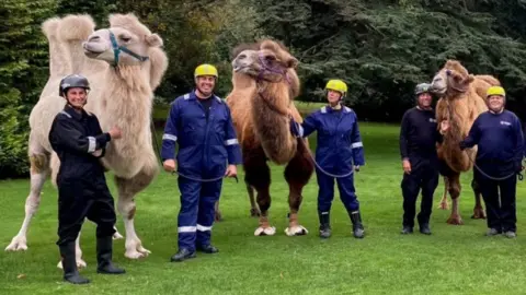 Hampshire Fire and Rescue Service Firefighters in blue overalls and wearing yellow safety helmets stand in a group formation each holding a camel