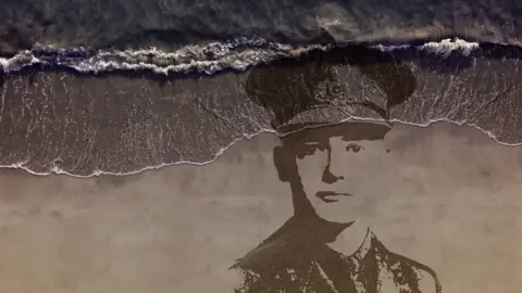 Sand In Your Eye A large-scale portrait of a casualty from the First World War, designed by sand artists Sand In Your Eye, will be drawn into the sand in many locations and washed away as the tide comes in.